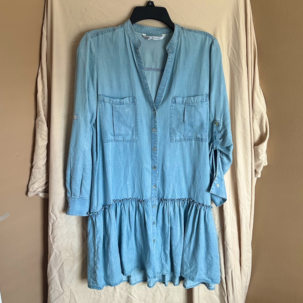 Light Blue Drop Waist Short Button Up Dress